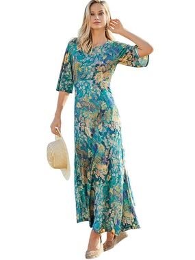 Peruvian Connection Charisse Abstract Floral Print Maxi Dress in Pool - M